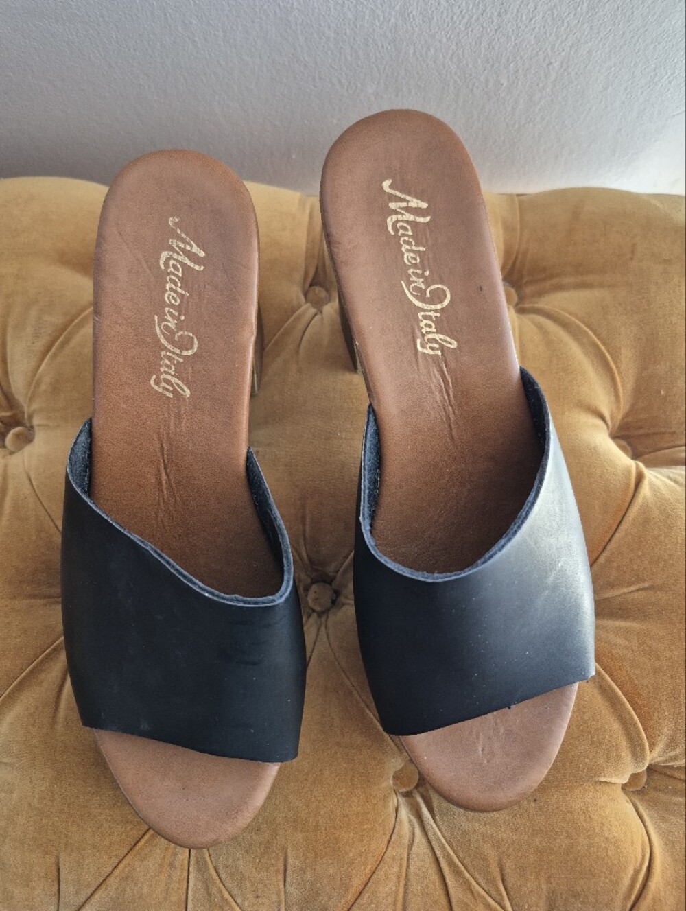 Made in Italy Vintage Black Leather Chunky Wood Block Heel Platform Mules 39 8.5